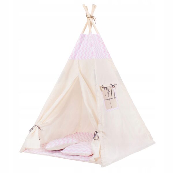 Cort copii Sersimo stil indian Teepee Tent cu fereastra, covoras gros si 2 perne, alb roz cu dungi - Image 9