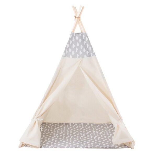 Gyermek sátor Sersimo indiai stílusú Teepee sátor ablakkal, vastag szőnyeggel és 2 párnával, fehér szürke felhőkkel - Image 3