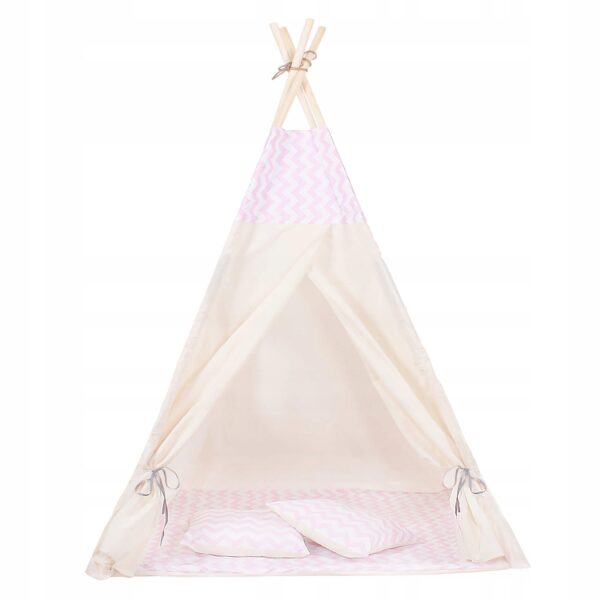 Cort copii Sersimo stil indian Teepee Tent cu fereastra, covoras gros si 2 perne, alb roz cu dungi - Image 11