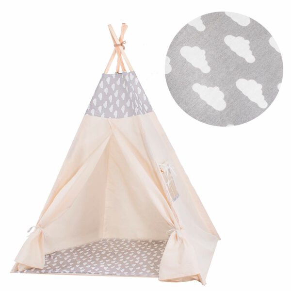 Gyermek sátor Sersimo indiai stílusú Teepee sátor ablakkal, vastag szőnyeggel és 2 párnával, fehér szürke felhőkkel - Image 4