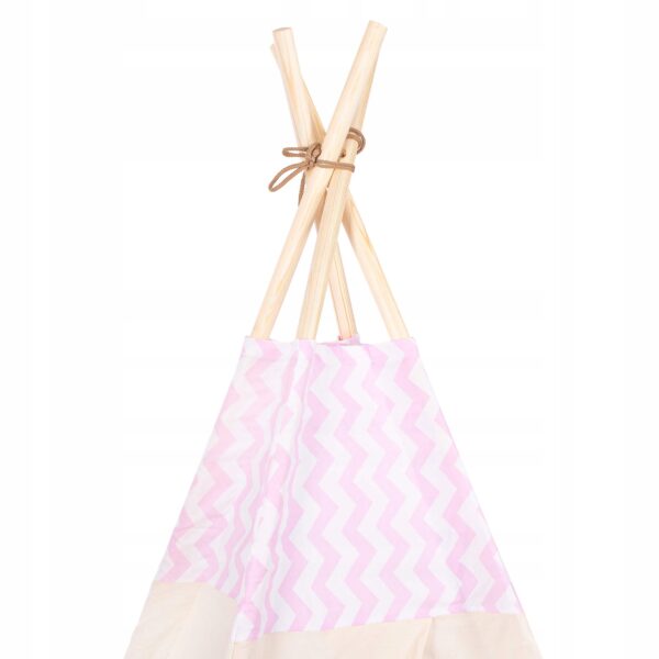 Cort copii Sersimo stil indian Teepee Tent cu fereastra, covoras gros si 2 perne, alb roz cu dungi - Image 12