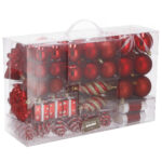 Karácsonyi gömb- és díszkészlet, 72 darab, különböző méretben, piros