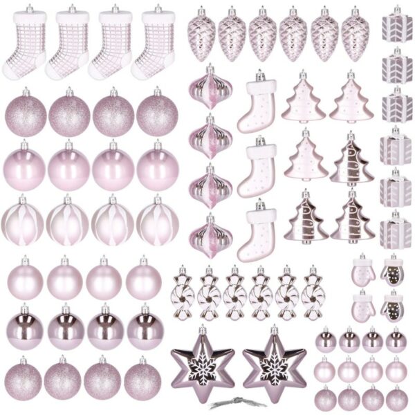 Set globuri si decoratiuni de Craciun, 77 piese, diverse dimensiuni, roz - Image 3