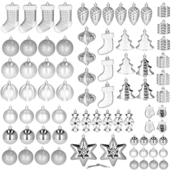 Set globuri si decoratiuni de Craciun, 77 piese, diverse dimensiuni, argintiu - Image 3