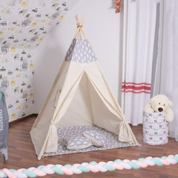 Gyermek sátor Sersimo indiai stílusú Teepee sátor ablakkal, vastag szőnyeggel és 2 párnával, fehér szürke felhőkkel - Image 5