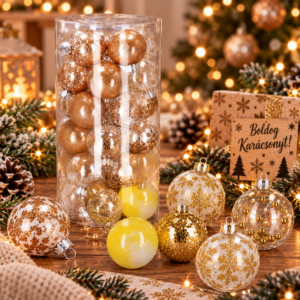 Karácsonyi díszgömb készlet Inedit, 30 darab, 7 cm, átlátszó és arany színben