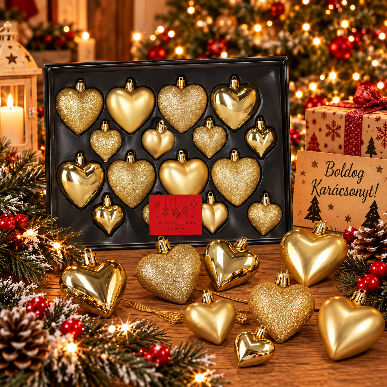Szív alakú karácsonyfadísz szett, 16 darab, műanyag, 4–7 cm, arany