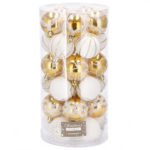 Karácsonyi gömbdísz készlet ünnepi mintákkal, 30 darab, 7 cm, fehér–arany színben