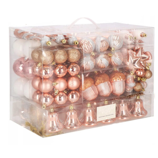 Set globuri si decoratiuni de Craciun, 152 piese, diverse dimensiuni, roz auriu