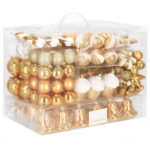 Karácsonyi gömb- és díszkészlet, 155 darabos, különböző méretekben, arany színben