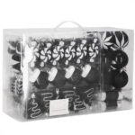 Karácsonyi gömb- és díszszett, 77 darab, különböző méretű, fekete