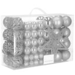 Karácsonyi gömb- és díszkészlet, 100 darab, különböző méretben, csillaggal, ezüst