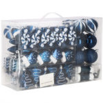 Karácsonyi gömb- és díszszett, 77 darab, különböző méretű, sötétkék