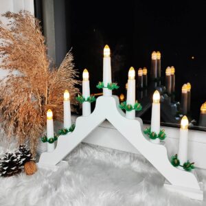 Lumanari decorative de Craciun, stand de lemn, 7 becuri tip LED, culoare alba