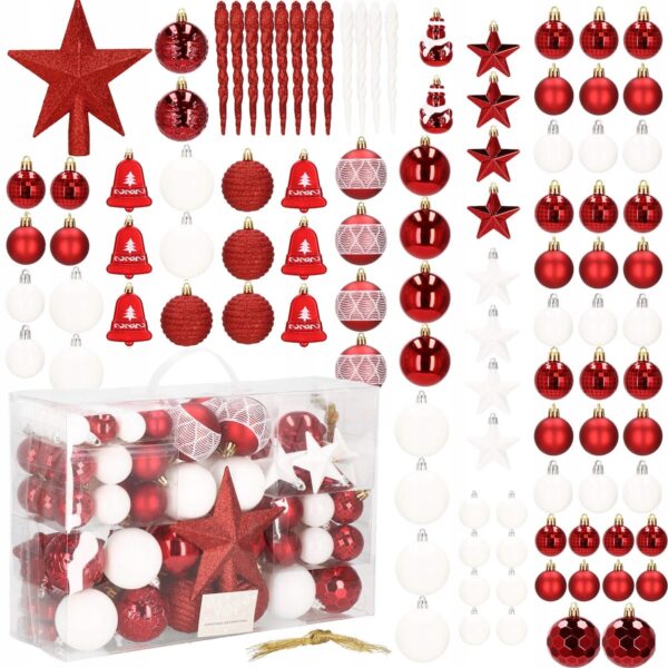 Set globuri si decoratiuni de Craciun, 105 piese, diverse dimensiuni, alb rosu - Image 2