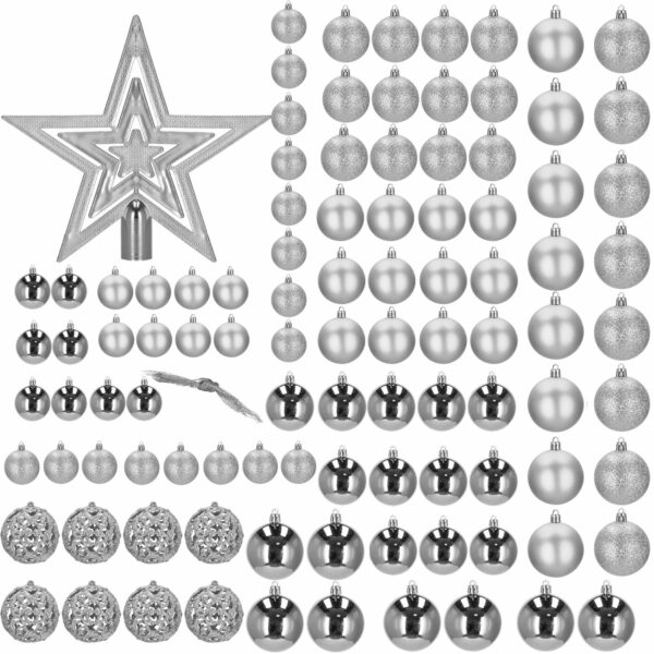 Set globuri si decoratiuni de Craciun, 100 piese, diverse dimensiuni cu stea, argintiu - Image 10