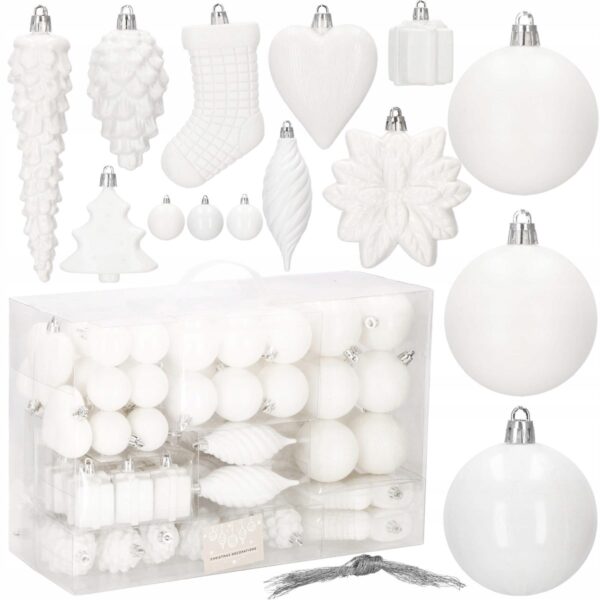 Set globuri si decoratiuni de Craciun, 72 piese, diverse dimensiuni, alb - Image 11