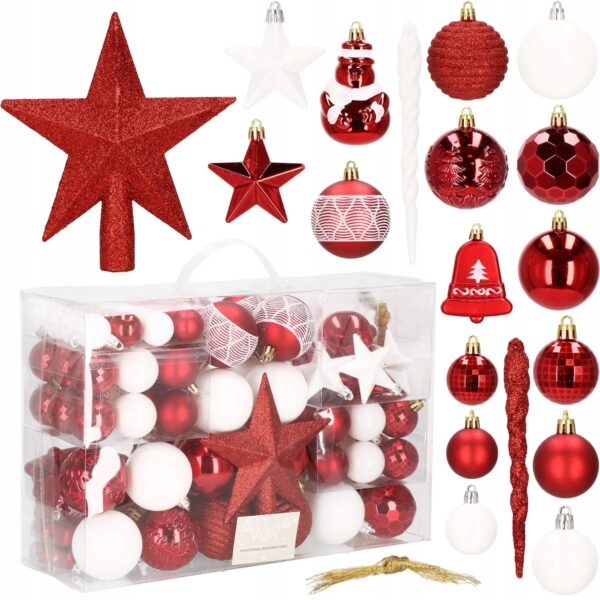 Set globuri si decoratiuni de Craciun, 105 piese, diverse dimensiuni, alb rosu - Image 11