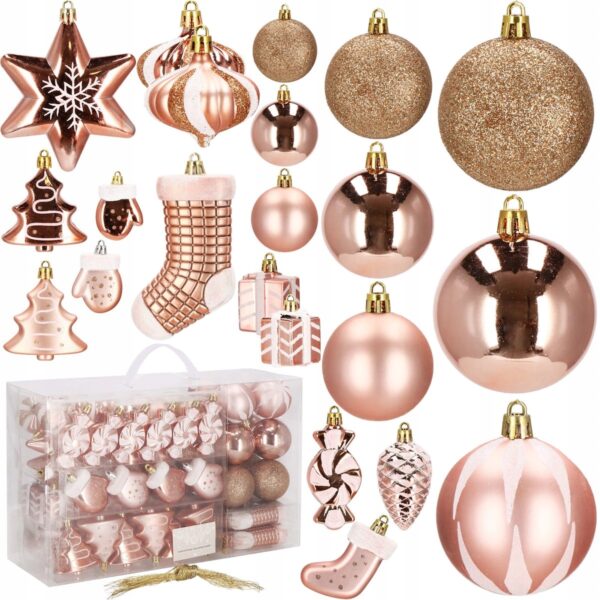Set globuri si decoratiuni de Craciun, 77 piese, diverse dimensiuni, roz auriu - Image 11