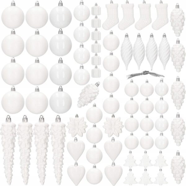 Set globuri si decoratiuni de Craciun, 72 piese, diverse dimensiuni, alb - Image 12