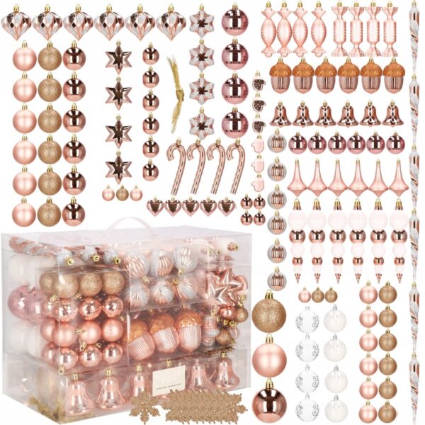 Set globuri si decoratiuni de Craciun, 152 piese, diverse dimensiuni, roz auriu - Image 14