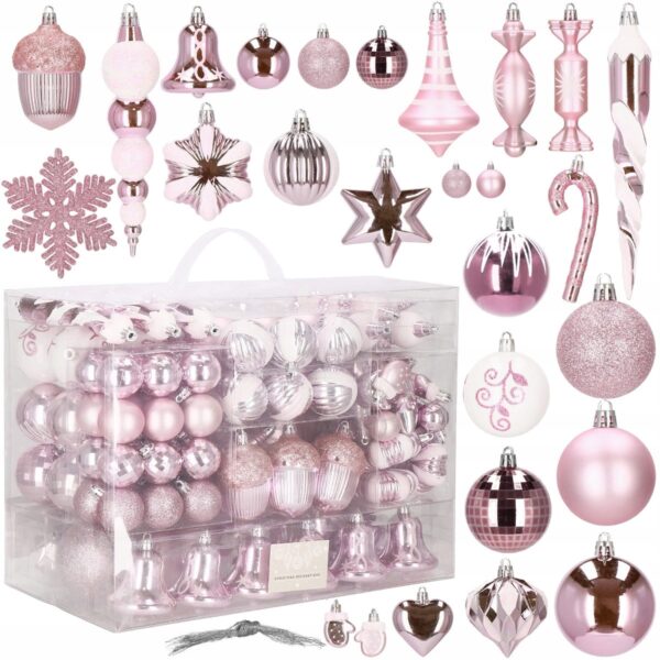 Set globuri si decoratiuni de Craciun, 155 piese, diverse dimensiuni, roz - Image 14