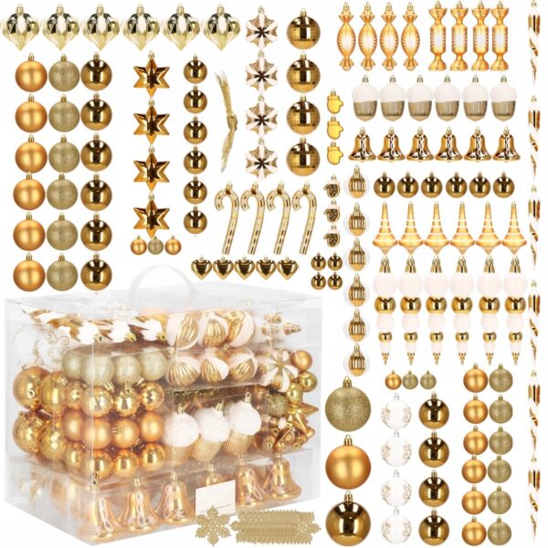 Set globuri si decoratiuni de Craciun, 155 piese, diverse dimensiuni, auriu - Image 14