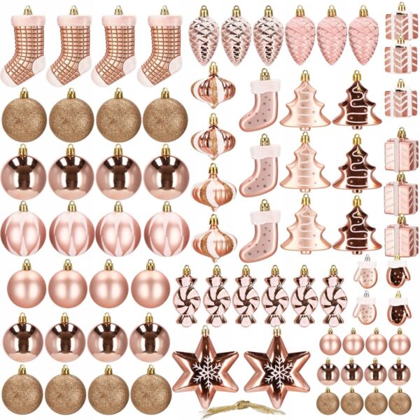 Set globuri si decoratiuni de Craciun, 77 piese, diverse dimensiuni, roz auriu - Image 2