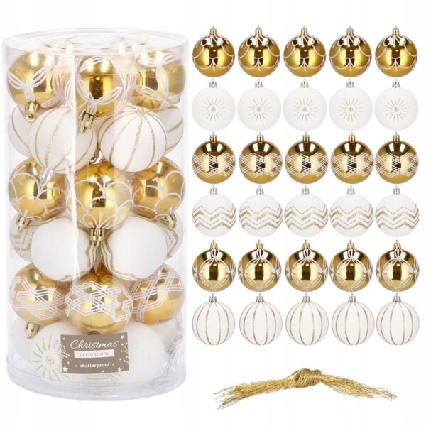 Set globuri de Craciun cu modele de sarbatori, 30 bucati, 5cm, alb auriu - Image 4