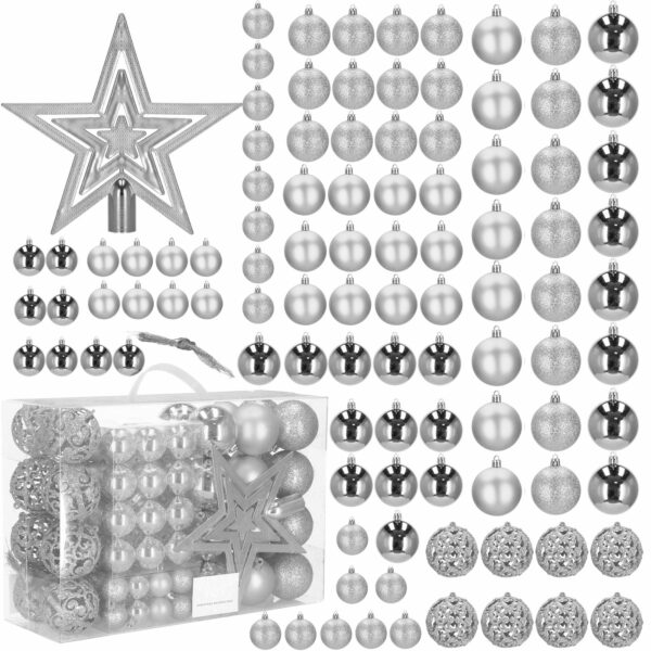 Set globuri si decoratiuni de Craciun, 100 piese, diverse dimensiuni cu stea, argintiu - Image 3
