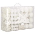 Karácsonyi gömb- és díszkészlet, 100 darab, különböző méretben, csillaggal, fehér