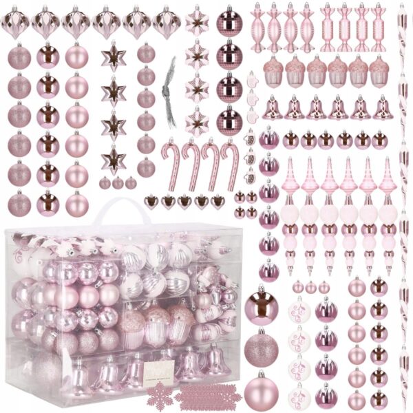 Set globuri si decoratiuni de Craciun, 155 piese, diverse dimensiuni, roz - Image 6