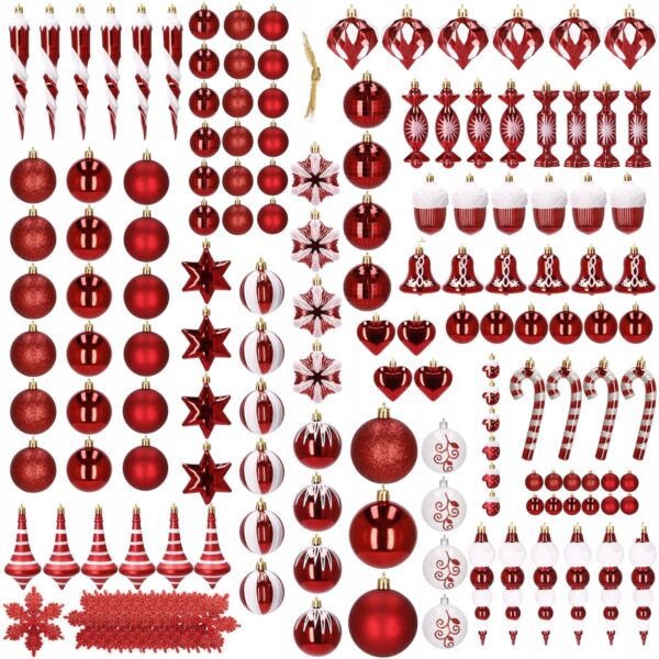 Set globuri si decoratiuni de Craciun, 153 piese, diverse dimensiuni, rosu - Image 7