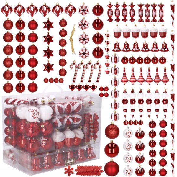 Set globuri si decoratiuni de Craciun, 153 piese, diverse dimensiuni, rosu - Image 8