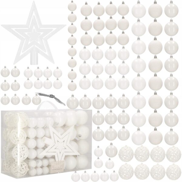 Set globuri si decoratiuni de Craciun, 100 piese, diverse dimensiuni cu stea, alb - Image 6