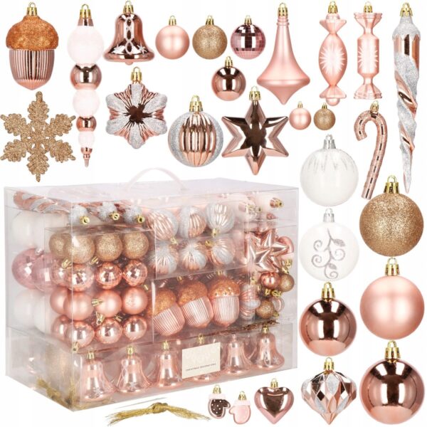 Set globuri si decoratiuni de Craciun, 152 piese, diverse dimensiuni, roz auriu - Image 9