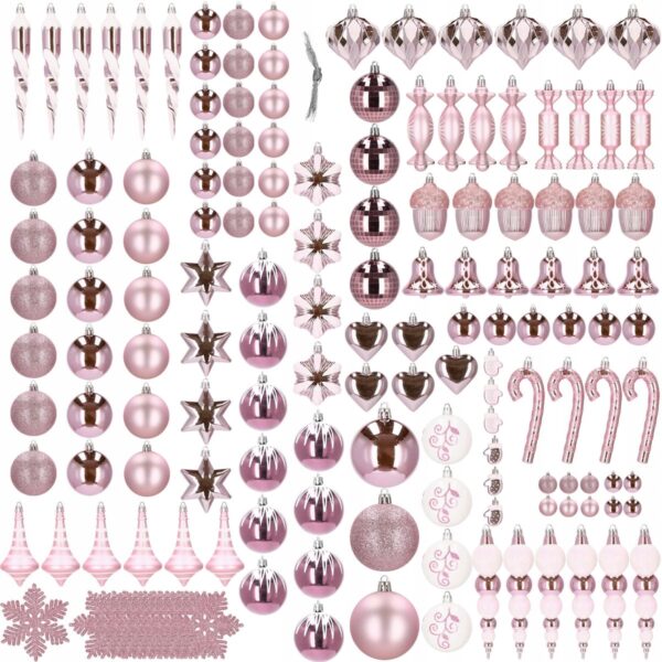 Set globuri si decoratiuni de Craciun, 155 piese, diverse dimensiuni, roz - Image 8