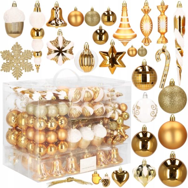 Set globuri si decoratiuni de Craciun, 155 piese, diverse dimensiuni, auriu - Image 9