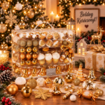 Karácsonyi gömb- és díszkészlet, 155 darabos, különböző méretekben, arany színben