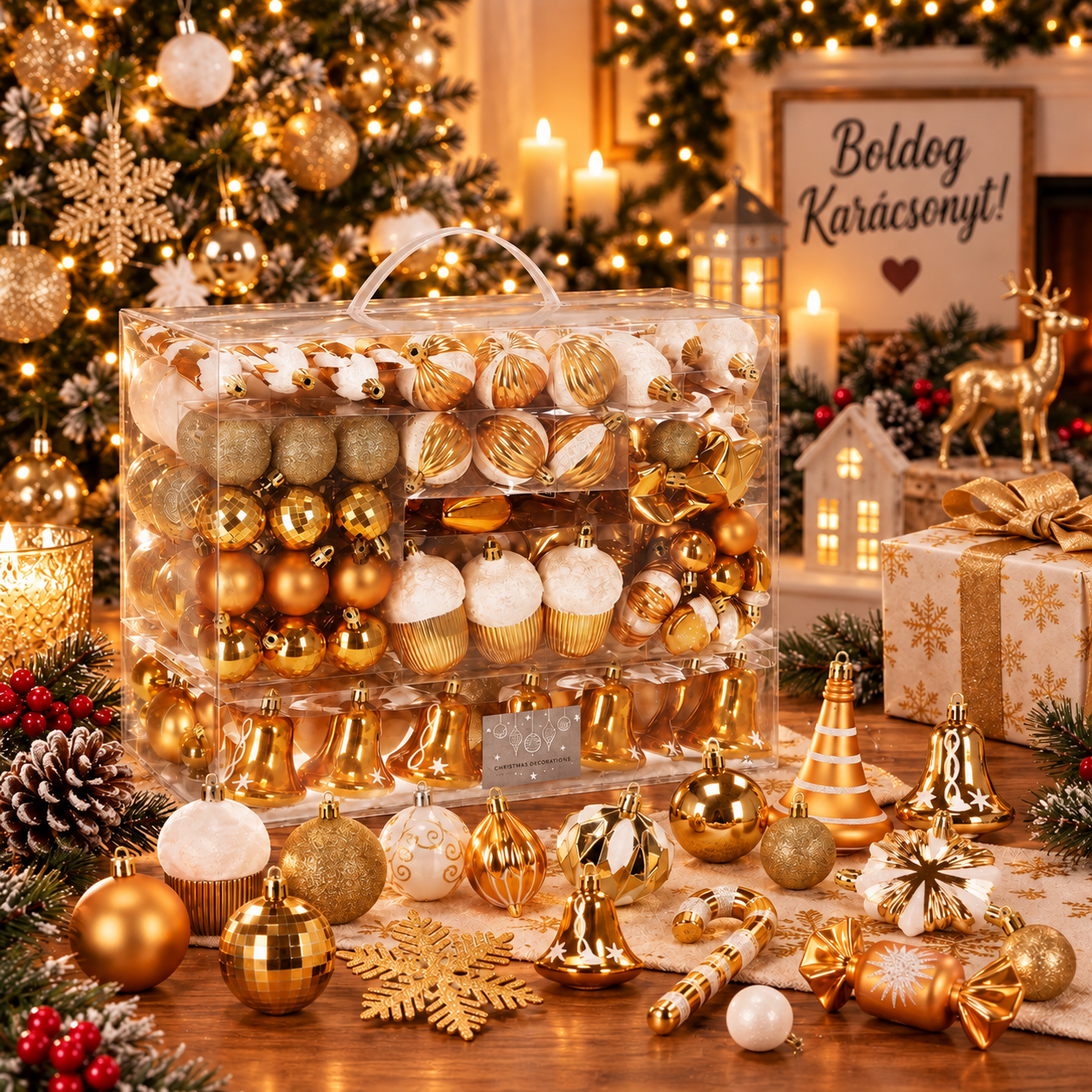 Karácsonyi gömb- és díszkészlet, 155 darabos, különböző méretekben, arany színben