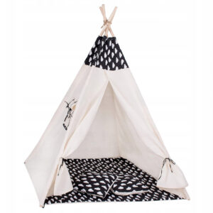 Sersimo Teepee gyermek indiánsátor ablakkal, vastag szőnyeggel és 2 párnával, fekete-fehér felhőkkel
