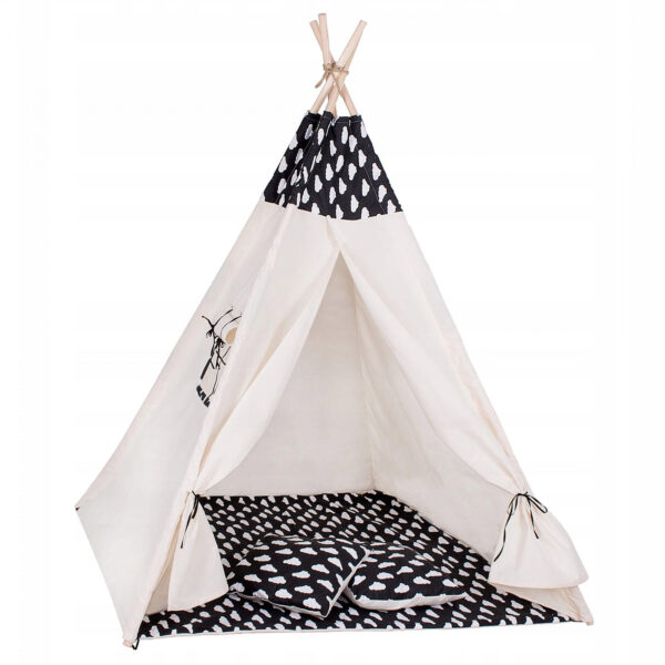 Sersimo Teepee gyermek indiánsátor ablakkal, vastag szőnyeggel és 2 párnával, fekete-fehér felhőkkel