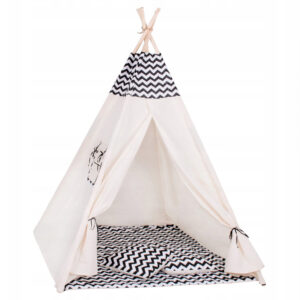 Sersimo Teepee gyermek indiánsátor ablakkal, vastag szőnyeggel és 2 párnával, fehér fekete cikkcakk