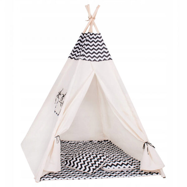 Sersimo Teepee gyermek indiánsátor ablakkal, vastag szőnyeggel és 2 párnával, fehér fekete cikkcakk