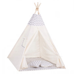 Sersimo Teepee gyermek indiánsátor ablakkal, vastag szőnyeggel és 2 párnával, fehér világosszürke cikk-cakk