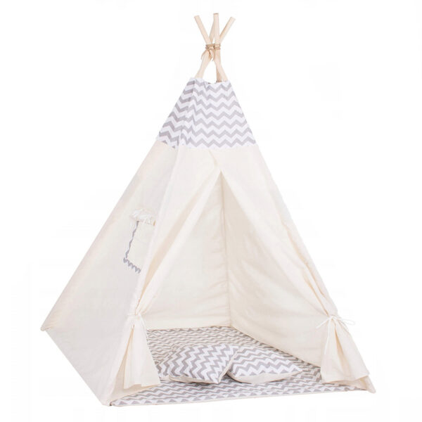 Sersimo Teepee gyermek indiánsátor ablakkal, vastag szőnyeggel és 2 párnával, fehér világosszürke cikk-cakk
