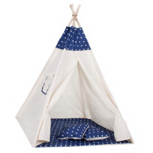 Sersimo Teepee gyermek indiánsátor ablakkal, vastag szőnyeggel és 2 párnával, fehér sötétkék csillagokkal
