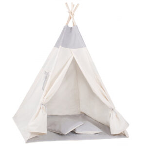 Sersimo Teepee gyermek indiánsátor ablakkal, vastag szőnyeggel és 2 párnával, fehér szürke monokróm