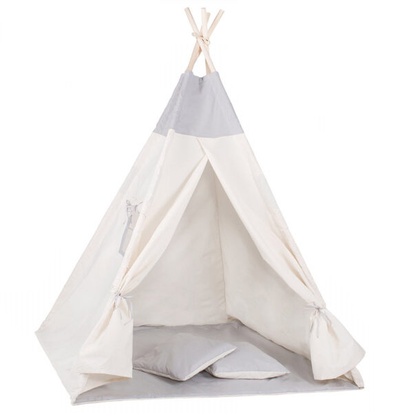 Sersimo Teepee gyermek indiánsátor ablakkal, vastag szőnyeggel és 2 párnával, fehér szürke monokróm
