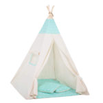 Cort copii Sersimo stil indian Teepee Tent cu fereastra, covoras gros si 2 perne, alb verde menta cu stelute